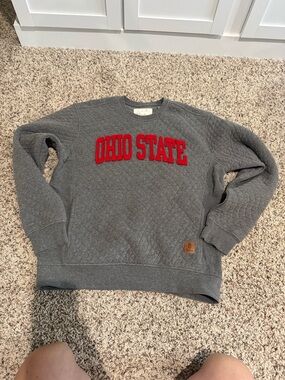 Pressbox Gray Quilted Crewneck Sweatshirt with Red Ohio State Appliqué
